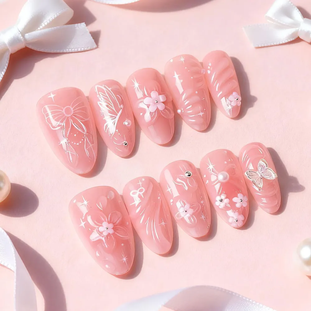 Nailhour 30Pcs Floral 3D Pink Medium Almond French Butterfly Bow Press On Nails