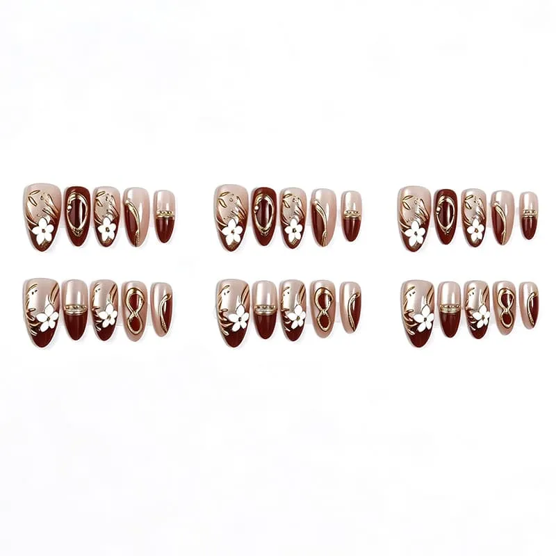 Nailhour 30Pcs Floral 3D Red Gilded Short Almond Press On Nails