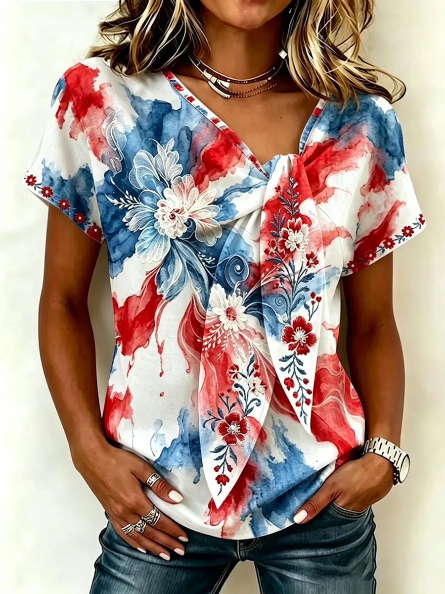 Women'S 250th Anniversary American Art Print Tie-Neck Short-Sleeve Top