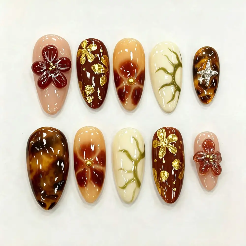 Nailhour 30Pcs Gold Glitter Vintage Medium Almond Press On Nails