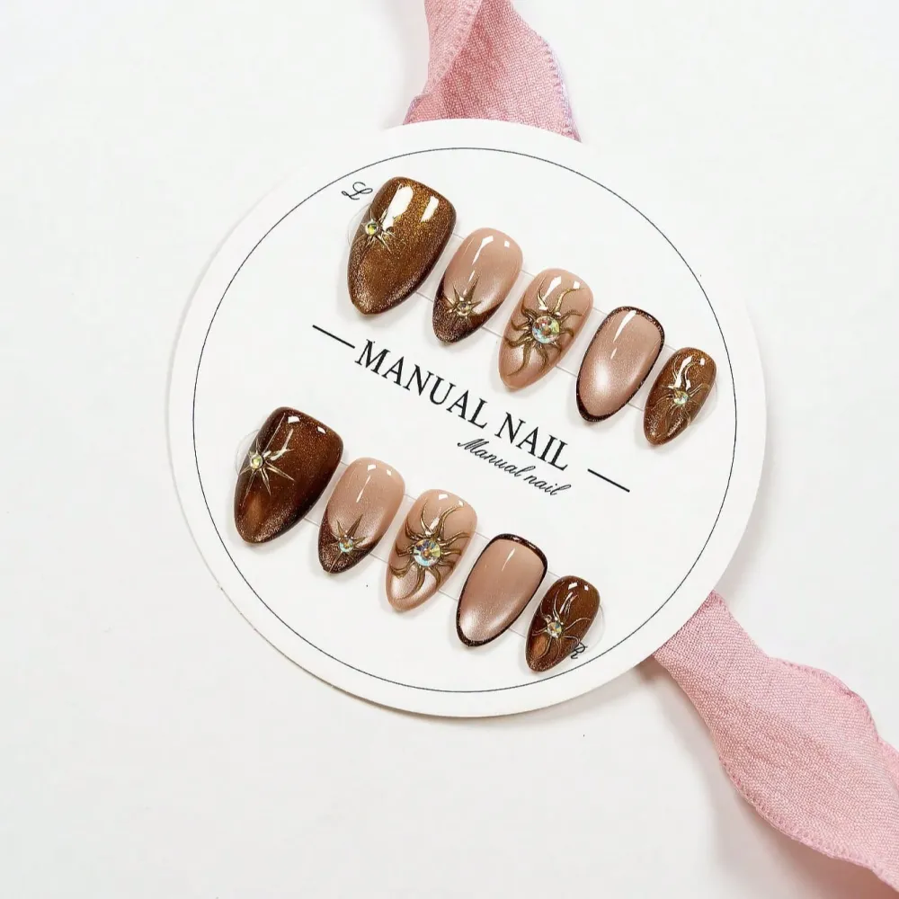 Nailhour 24Pcs Brown Cat Eye Gilded Handmade Short Almond Press On Nails