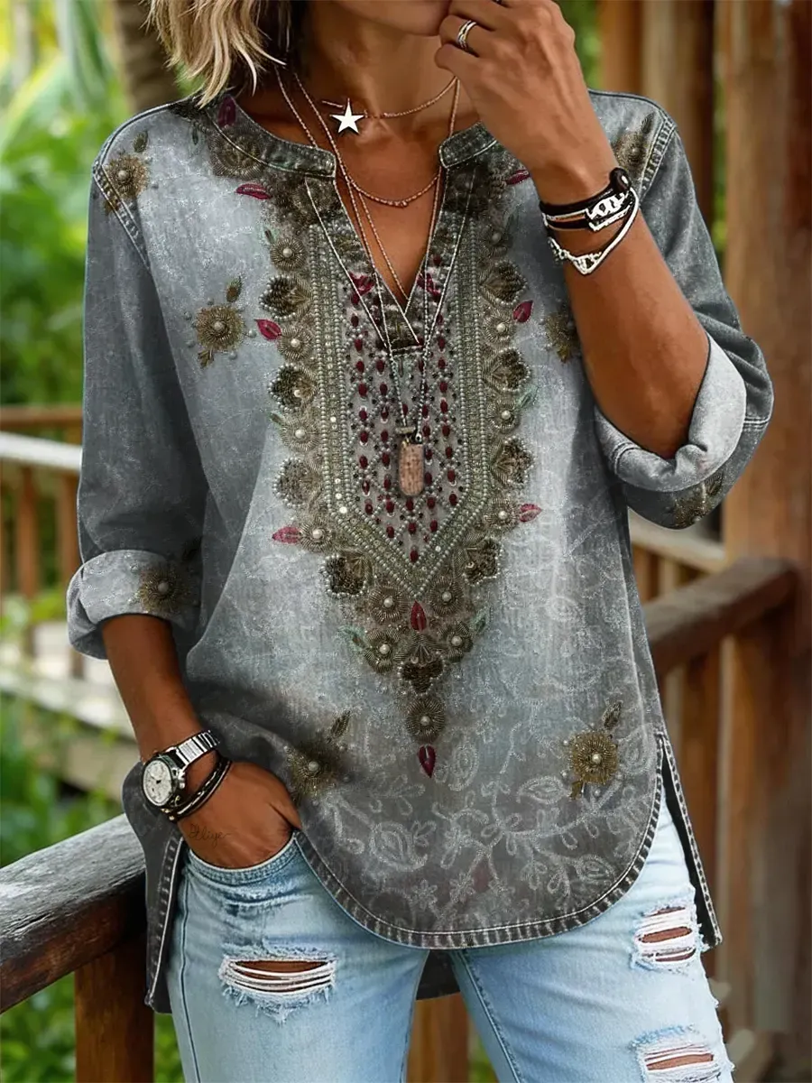 Women's retro printed casual V-neck shirt