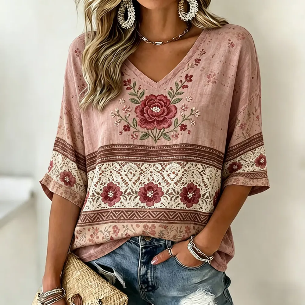 Women'S Retro Floral Art Embroidery Cotton Linen Casual V-Neck Top