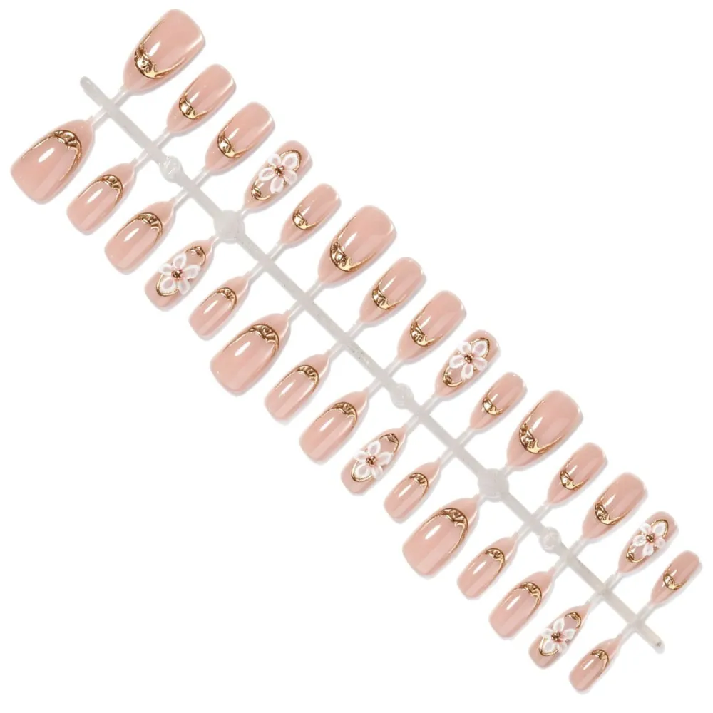 Nailhour 30Pcs Nude Pink Floral 3D Medium Almond French Press On Nails