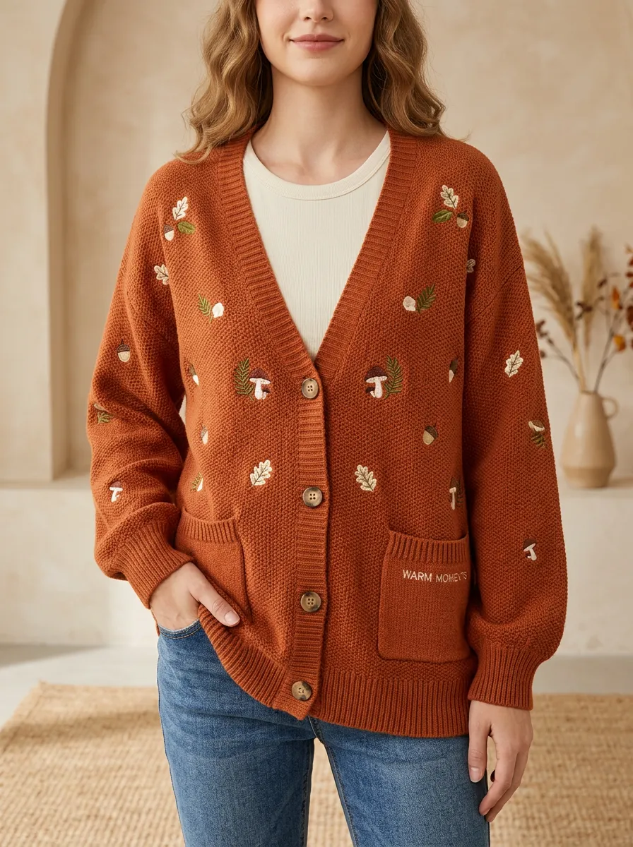 Mushroom Acorn Leaf Embroidered Women's Knit Cardigan
