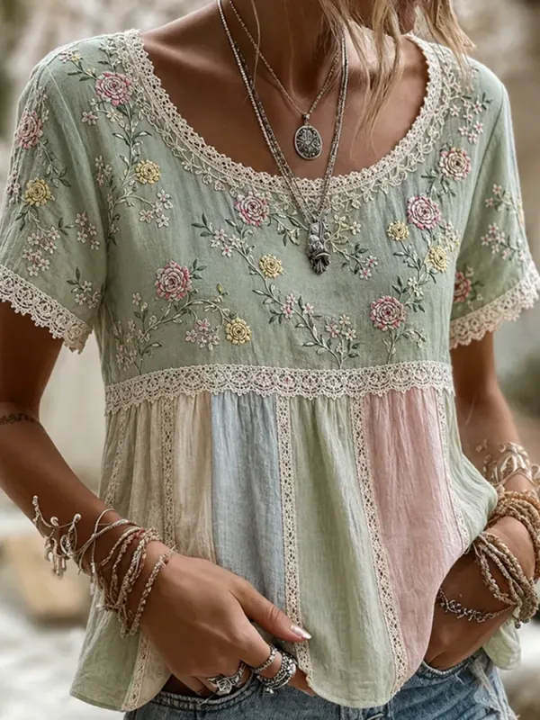 Women'S Casual Printed Cotton And Linen Round Neck Top