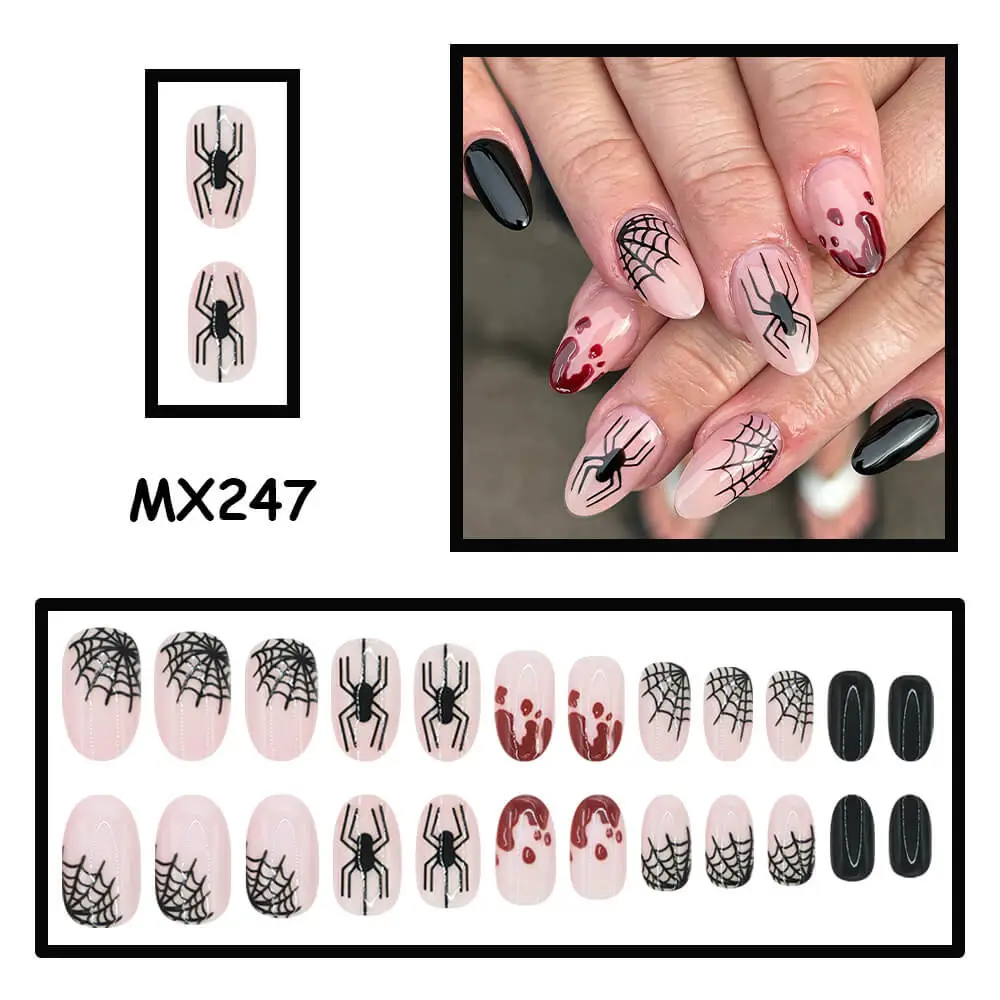 Nailhour 24Pcs Halloween Short Oval Nude Spider Press On Nails