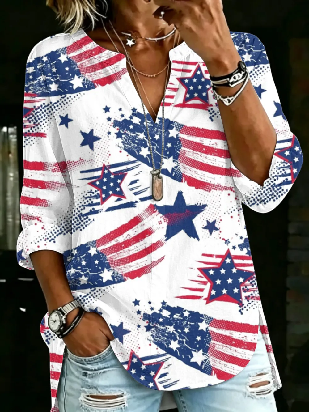 Women'S Retro Art American Flag Round Neck Top