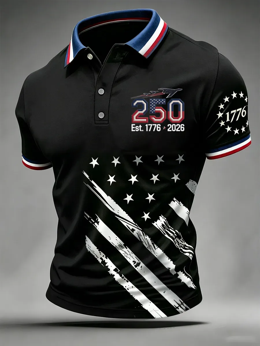 Men'S American Flag Print Casual Polo Shirt