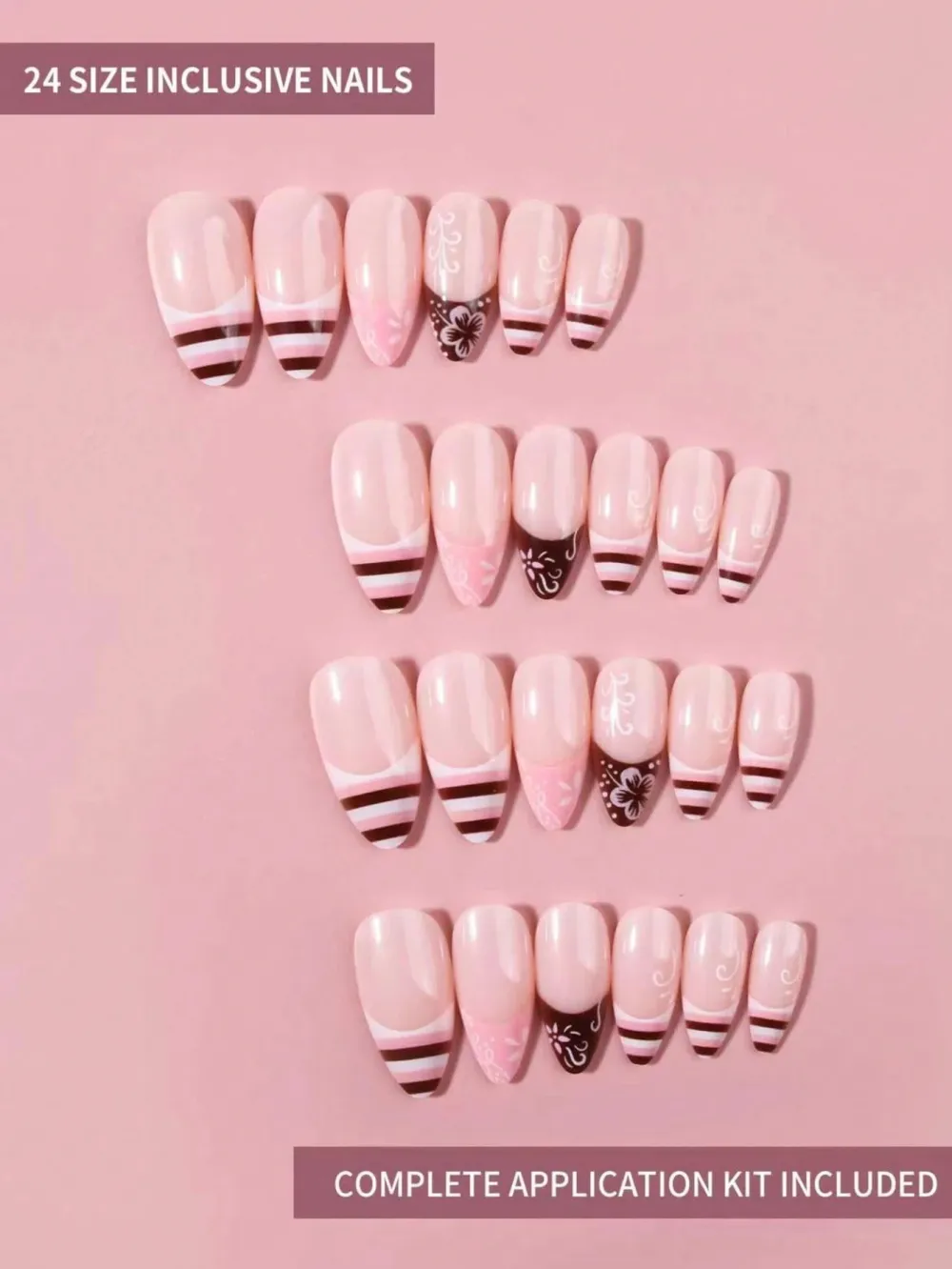 Nailhour Pink 24Pcs French Pink Striped Almond Press On Nails