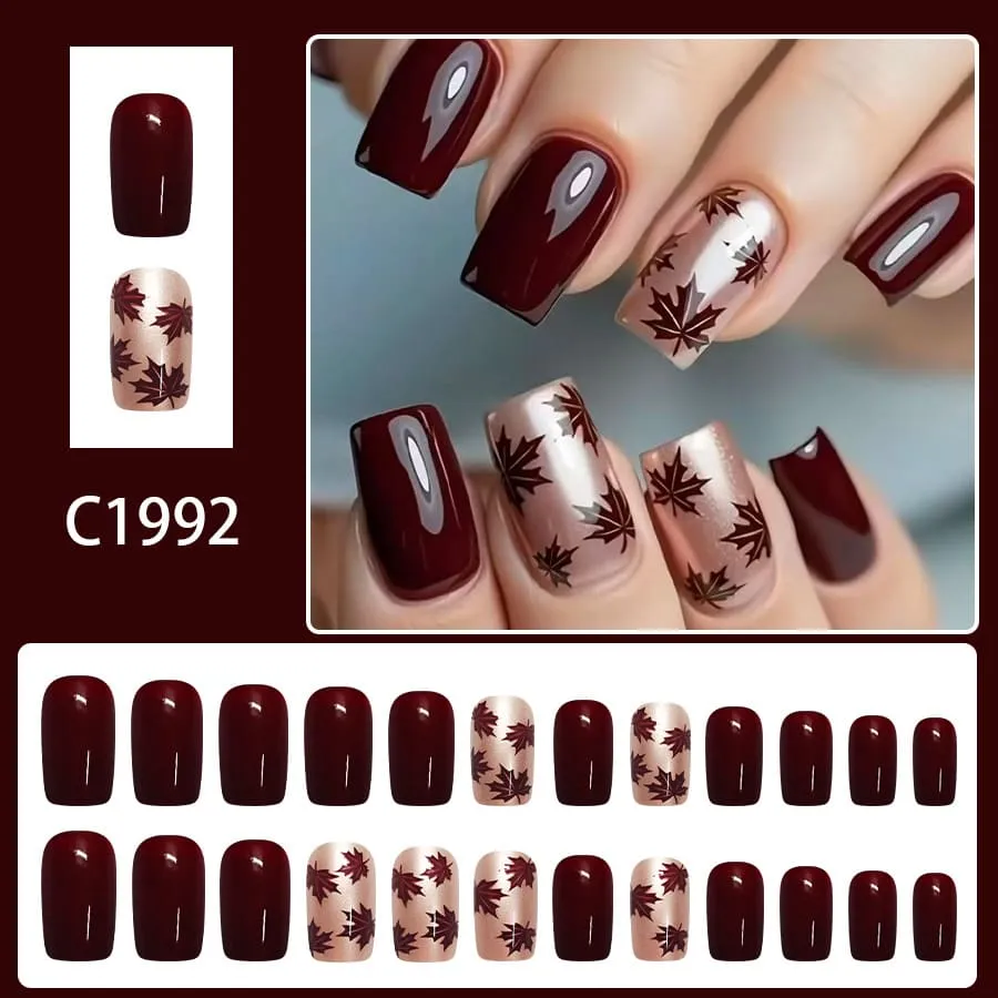 Nailhour 24Pcs French Autumn Floral Short Square Press On Nails