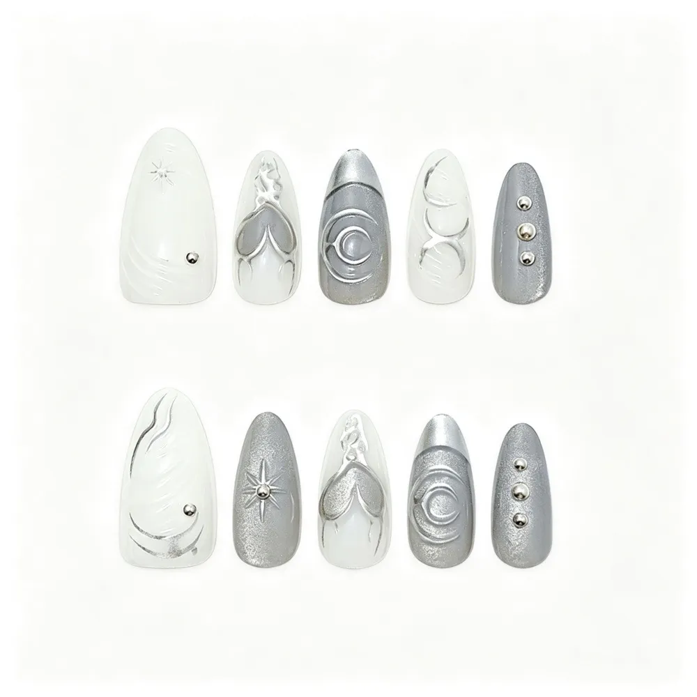 Nailhour 30Pcs Cool-Toned Cat Eye Medium Almond Press On Nails