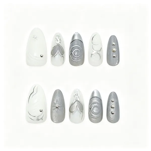 Nailhour 30Pcs Cool-Toned Cat Eye Medium Almond Press On Nails