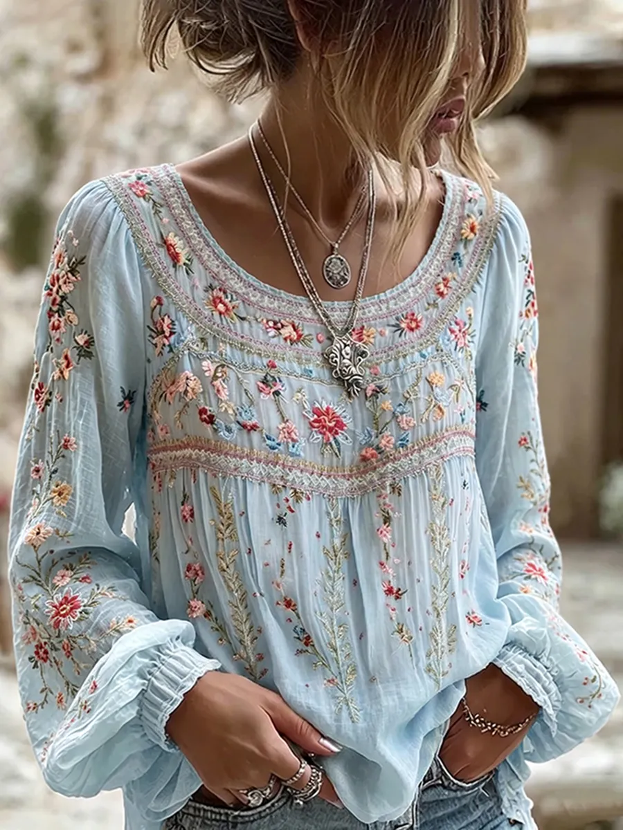 Women's Floral Embroidered Long Sleeve Peplum Blouse