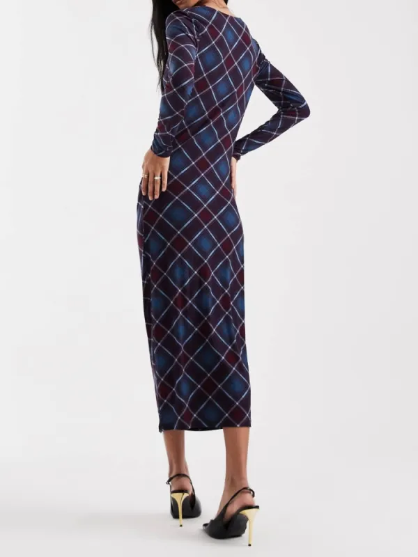 Plaid Cowl Neck Long Sleeve Dress