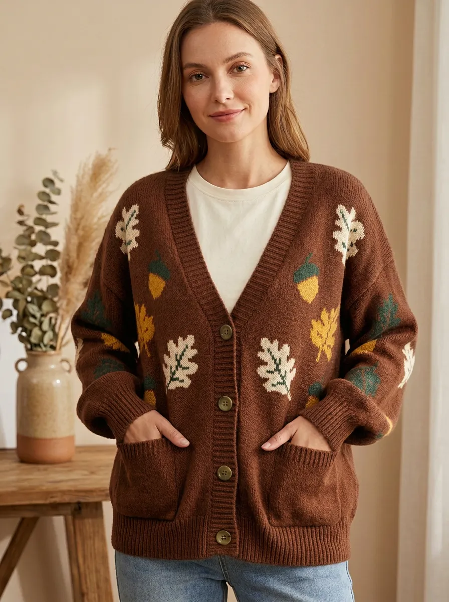Botanical Acorn Oak Leaf Pattern Patterned Women's Knit Cardigan