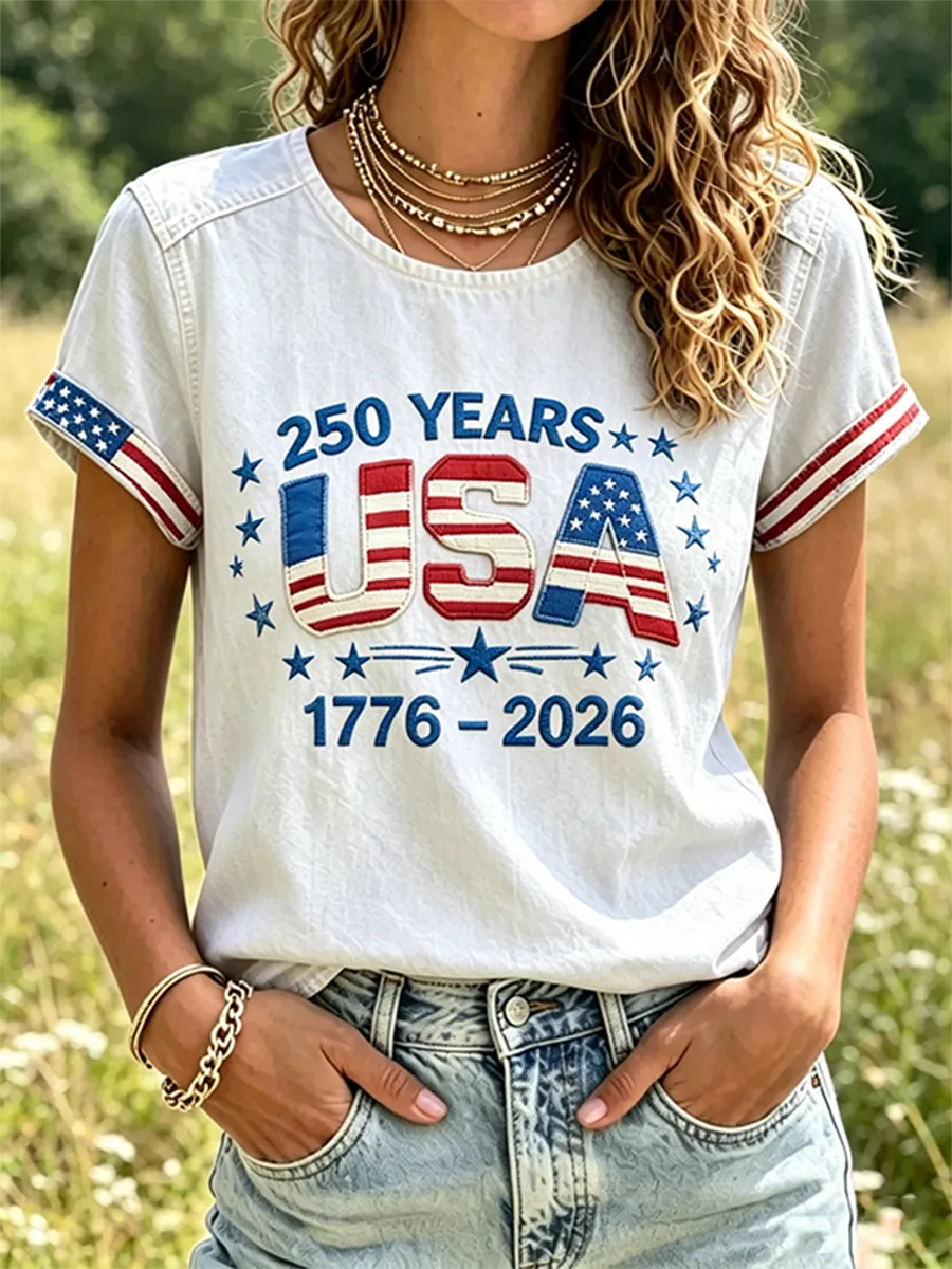 Women's USA 250th Anniversary Embroidered Denim Style T-shirt