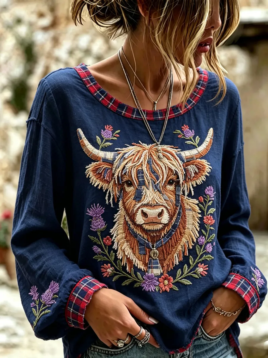 Scottish Highland Cow Print Women's Cotton-Linen Blouse