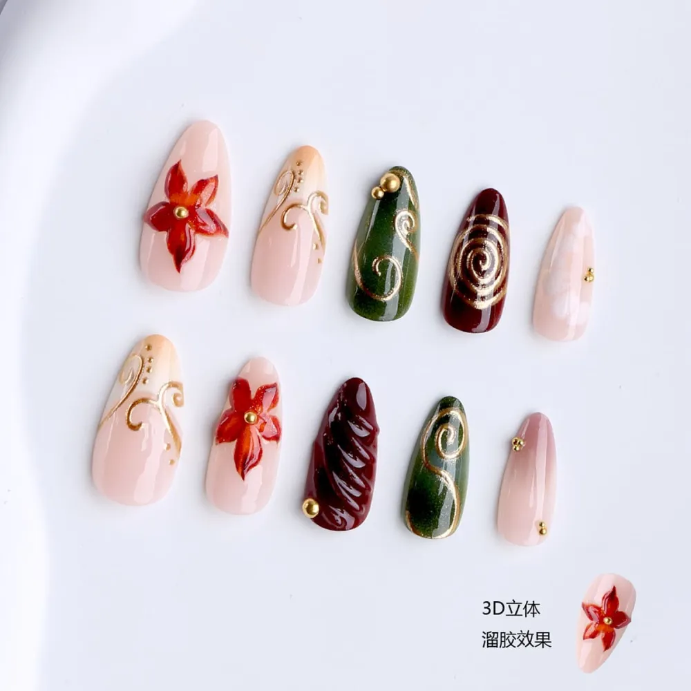 Nailhour 24Pcs Gilded French 3D Floral Medium Almond Press On Nails