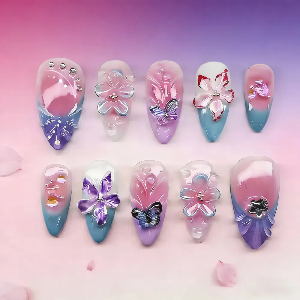Nailhour 30Pcs Floral 3D Medium Almond Pink Purple French Press On Nails
