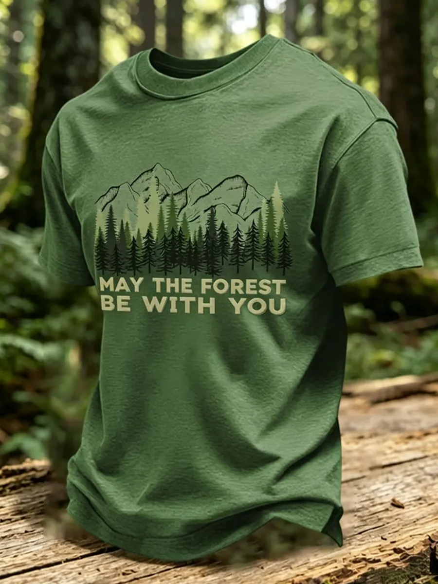 Men's Retro May The Forest Be With You Print Round Neck T-Shirt