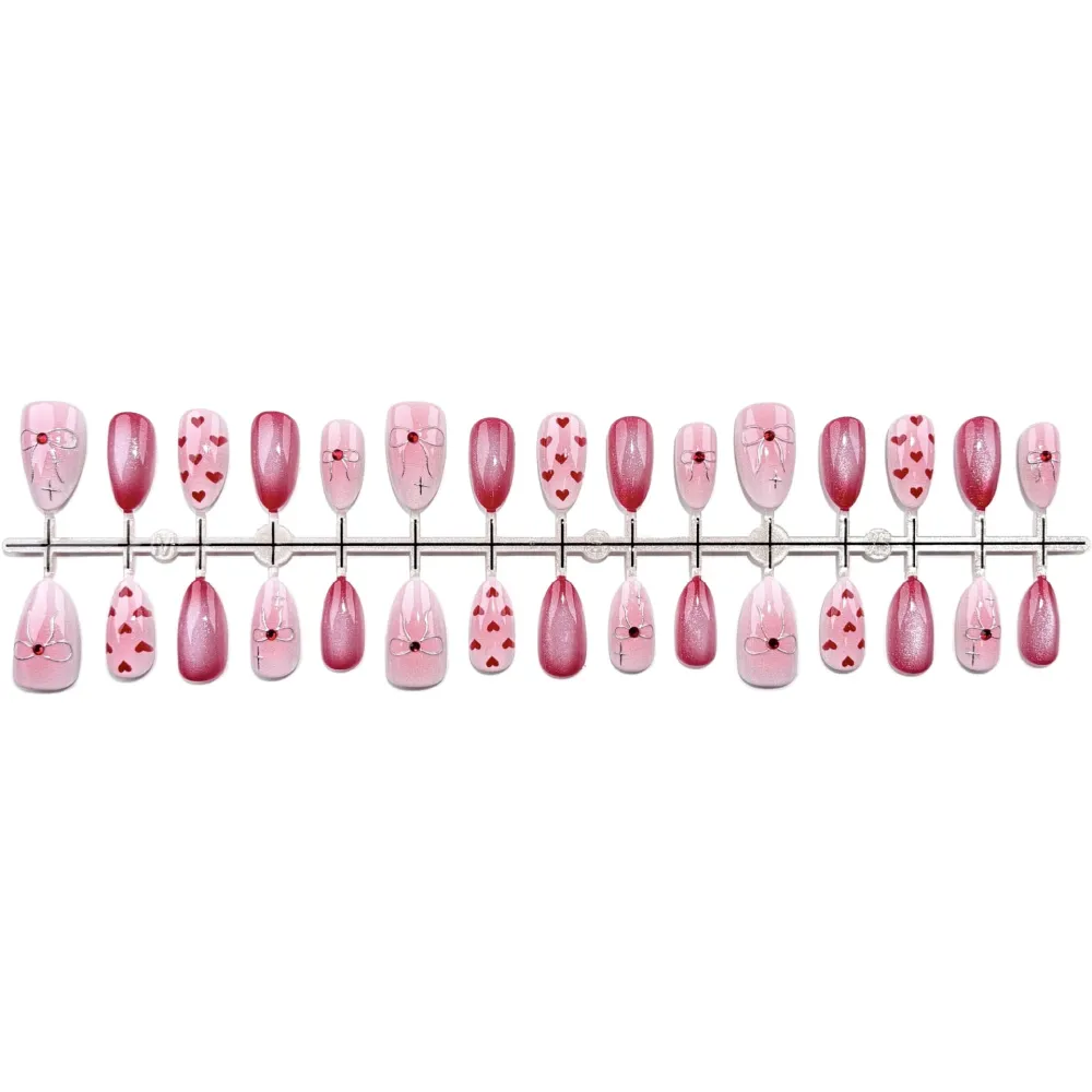 Nailhour 30Pcs Red Heart 3D Medium Almond French Press On Nails