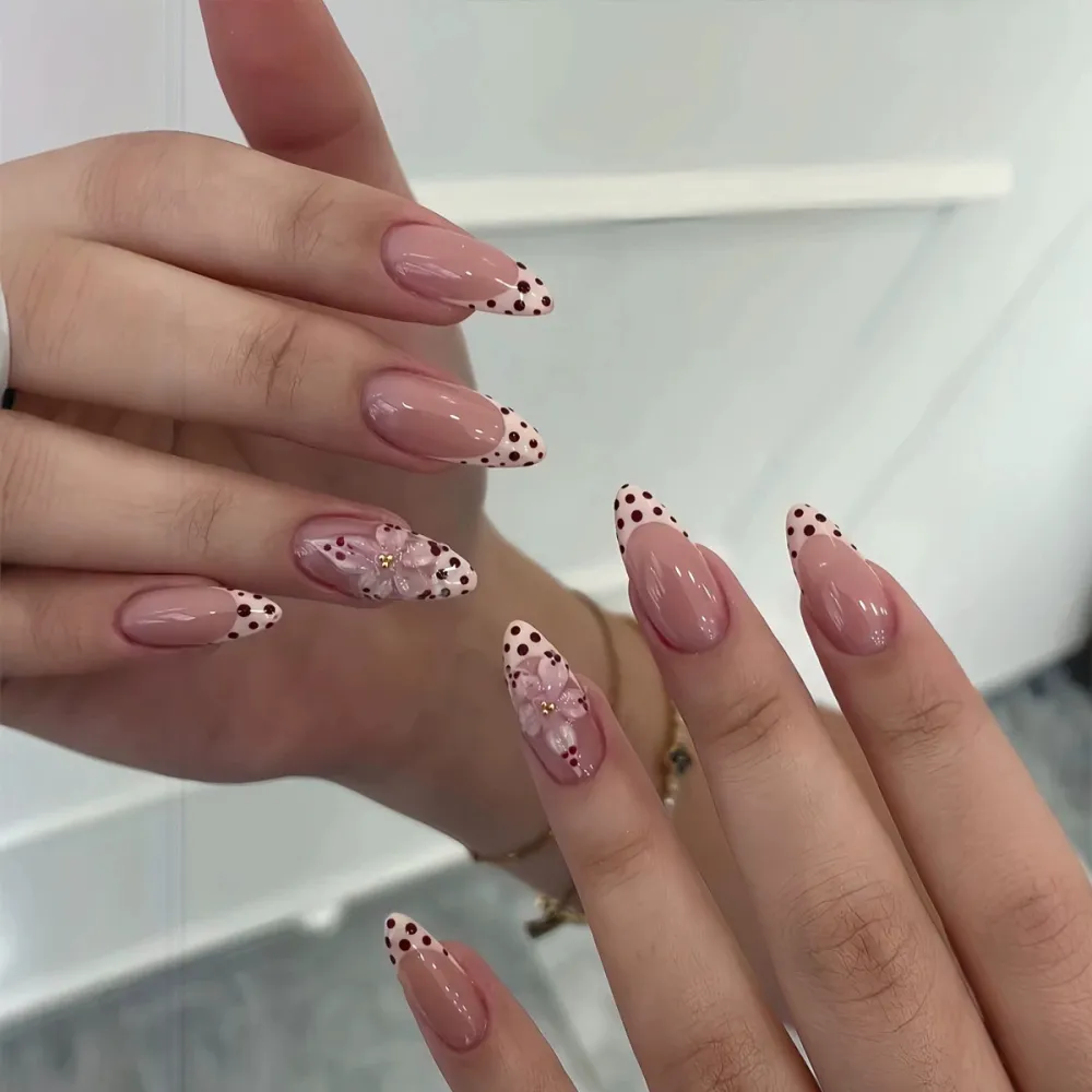 Nailhour 30Pcs Nude 3D Vintage Medium Almond Press On Nails