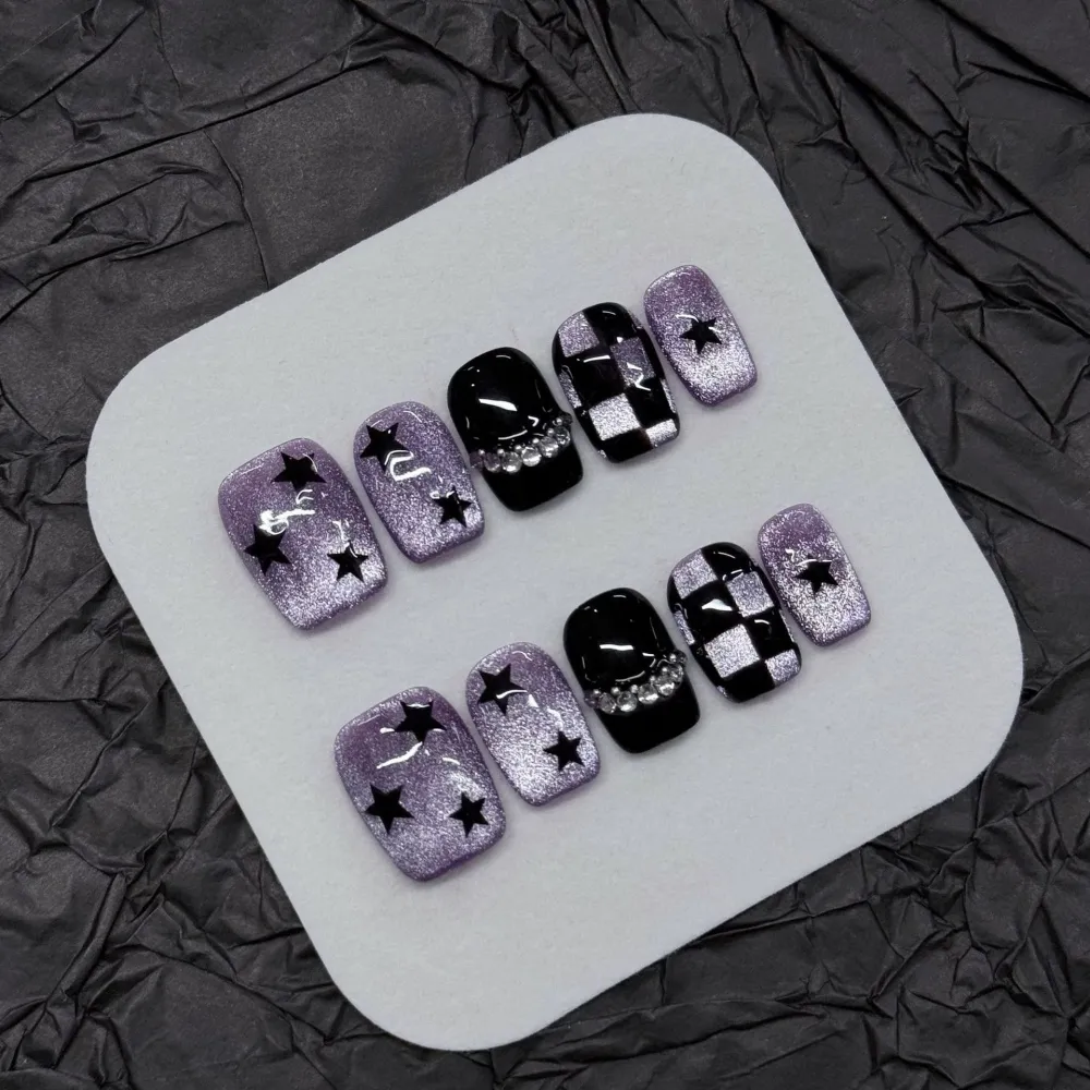 Nailhour 10Pcs Purple Gothic Cat Eye Short Square Press On Nails