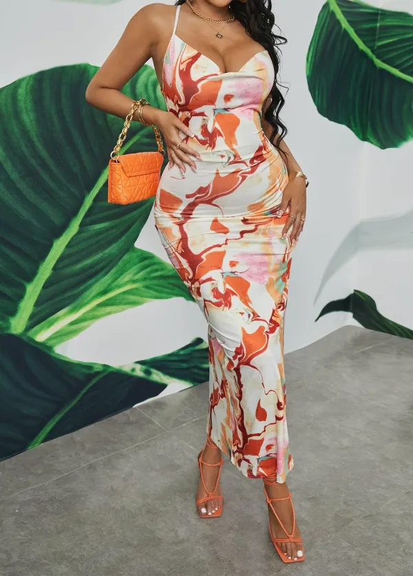Tie-Dye Open-Back Dress With Thigh Slit