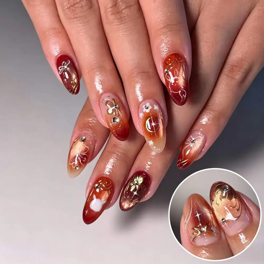 Nailhour 30Pcs Autumn Gilded Cat Eye Medium Almond Press On Nails