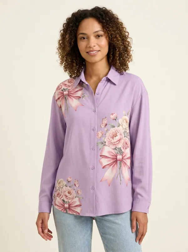 Women's Breast Cancer Awareness Pink Bow Floral Printed Button-Down Shirt