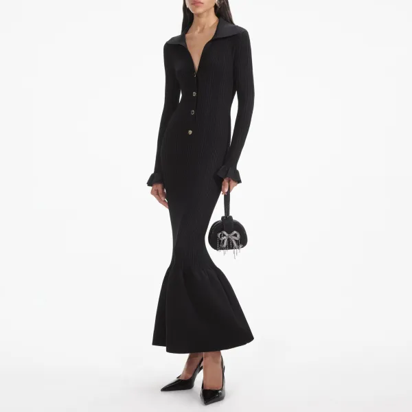 Black Ribbed Knit Fluted Midi Dress