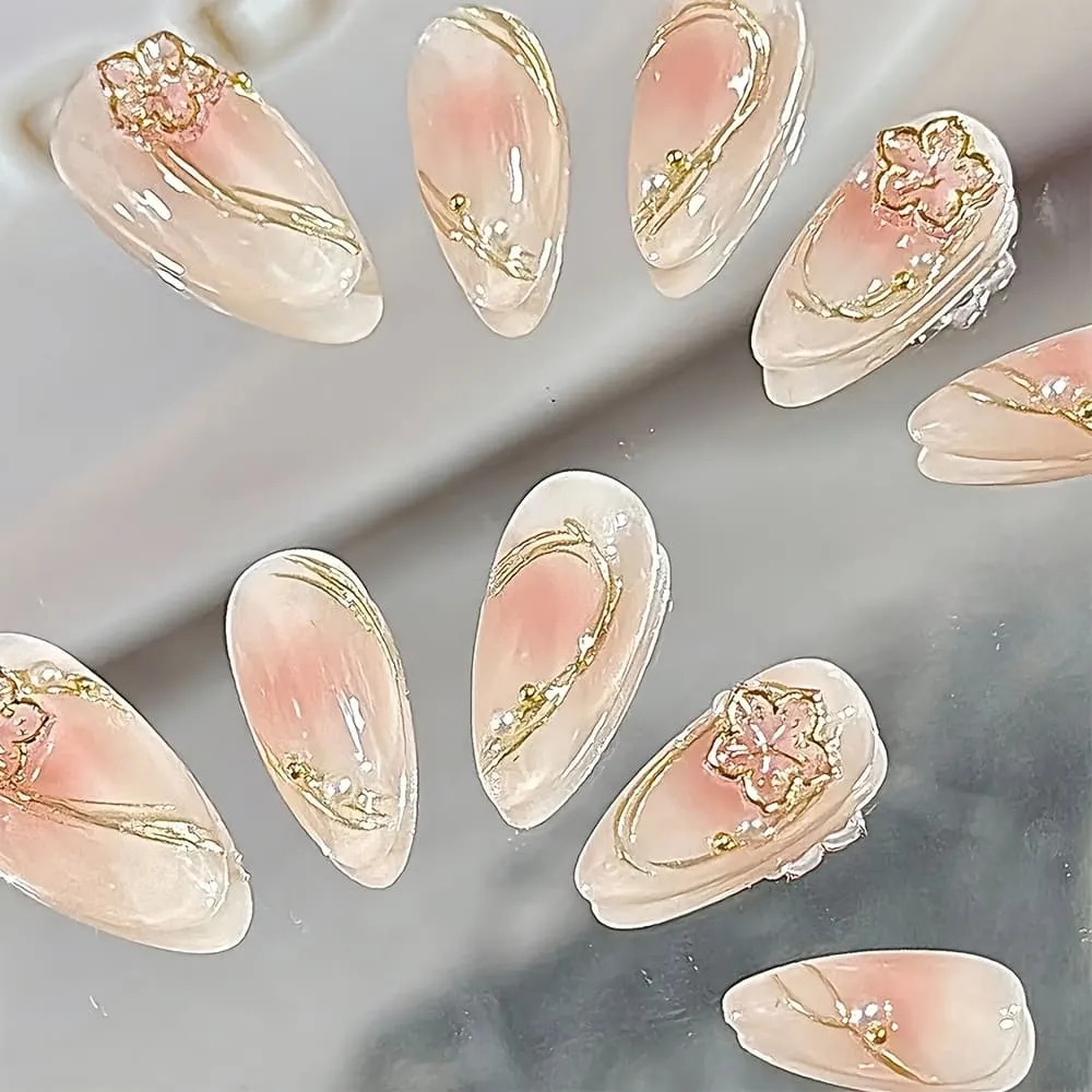 Nailhour 10Pcs French Floral Gradient Gilded Pink Medium Almond Press On Nails