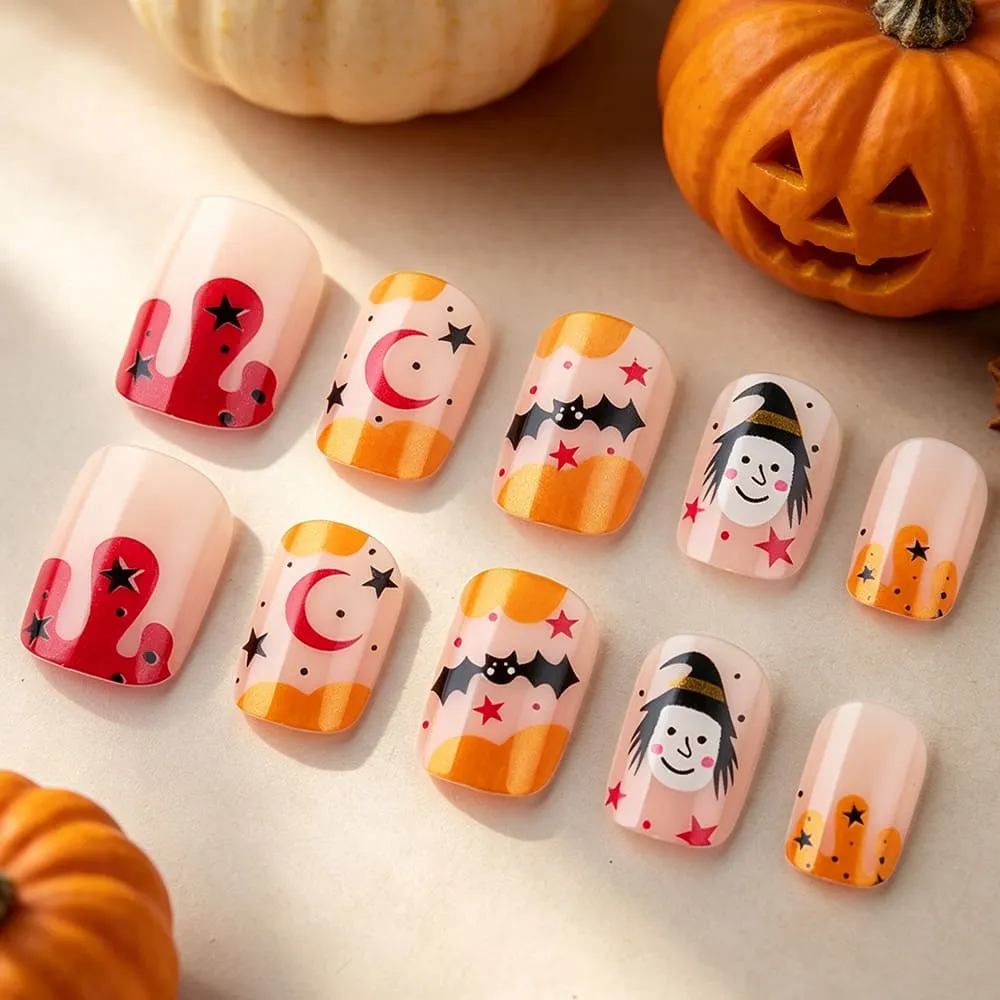 Nailhour 24Pcs Cute Spider Pumpkin Halloween Short Square Multicolor Press On Nails