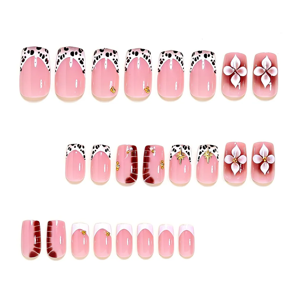 Nailhour 24Pcs French 3DFloral Medium Square Press On Nails