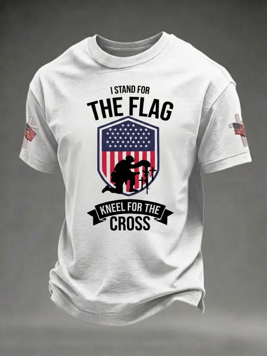 Men's America's 250th Anniversary Stand For The Flag Kneel For The Cross Faith Christian Cross Print T-Shirt