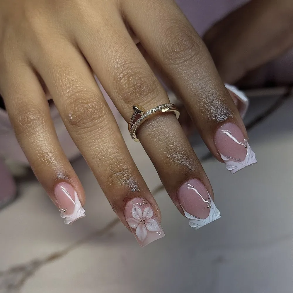 Nailhour French Short Square Nude Floral 24Pcs Wedding Daily Press On Nails