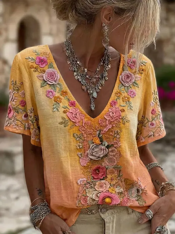 Women's Retro Comfortable Floral Simulation Printed V-Neck Top