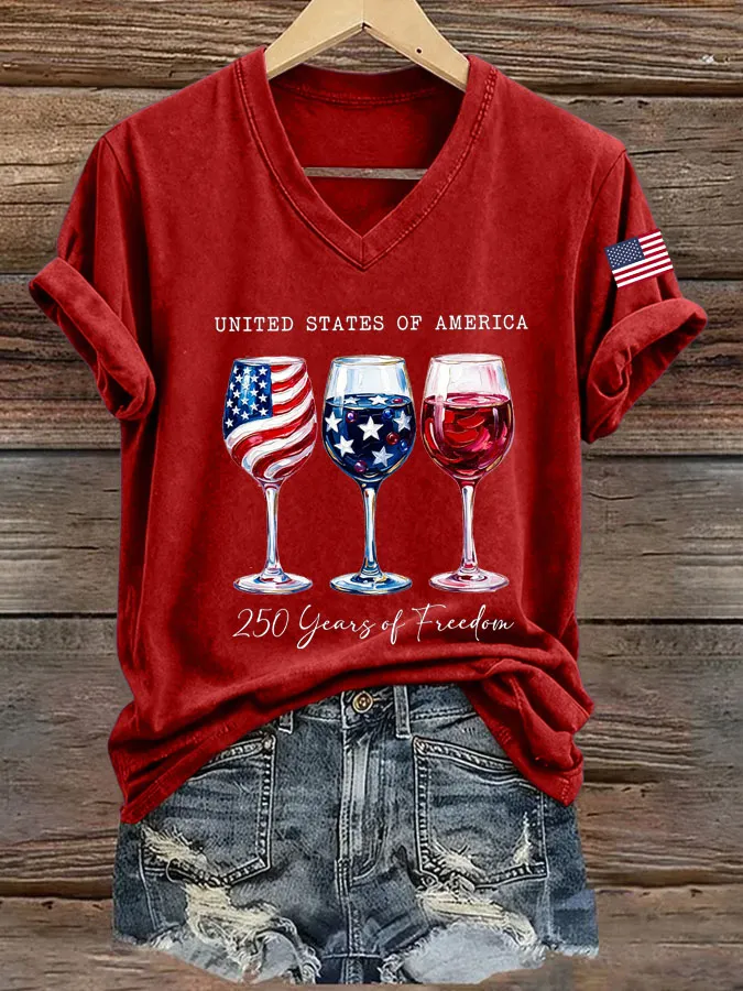 Women's retro flag cross print V-neck short sleeved T-shirt