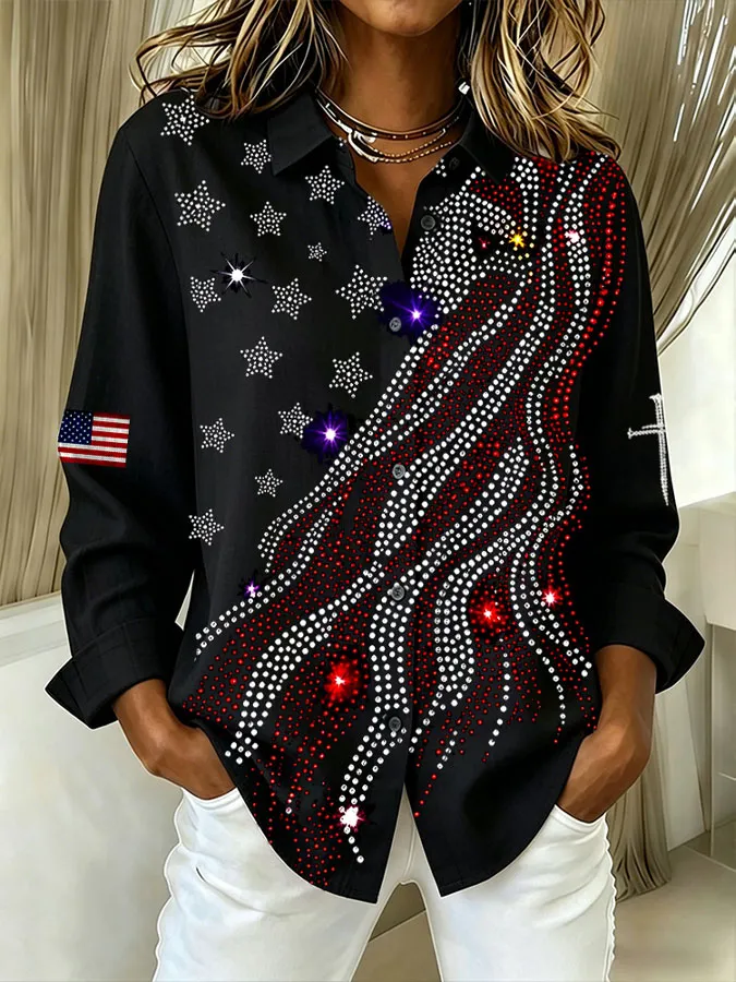 Ladies' Casual American Flag Flower Founding Celebration Personalized Printed Collar Shirt
