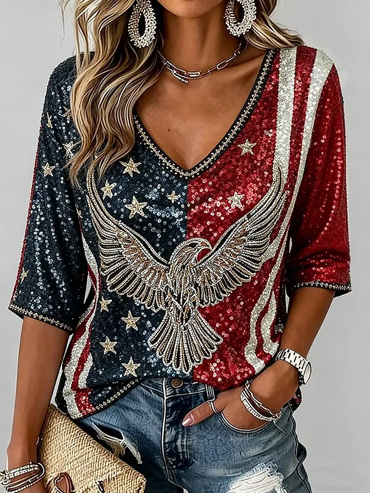 Ladies' Casual American Flag Eagle Personalized Print V-Neck Half Sleeved Top