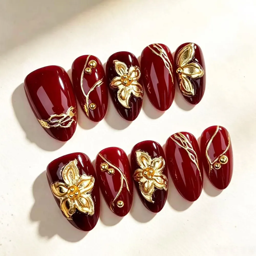 Nailhour 30Pcs Floral 3D Medium Almond French Red Gilded Press On Nails