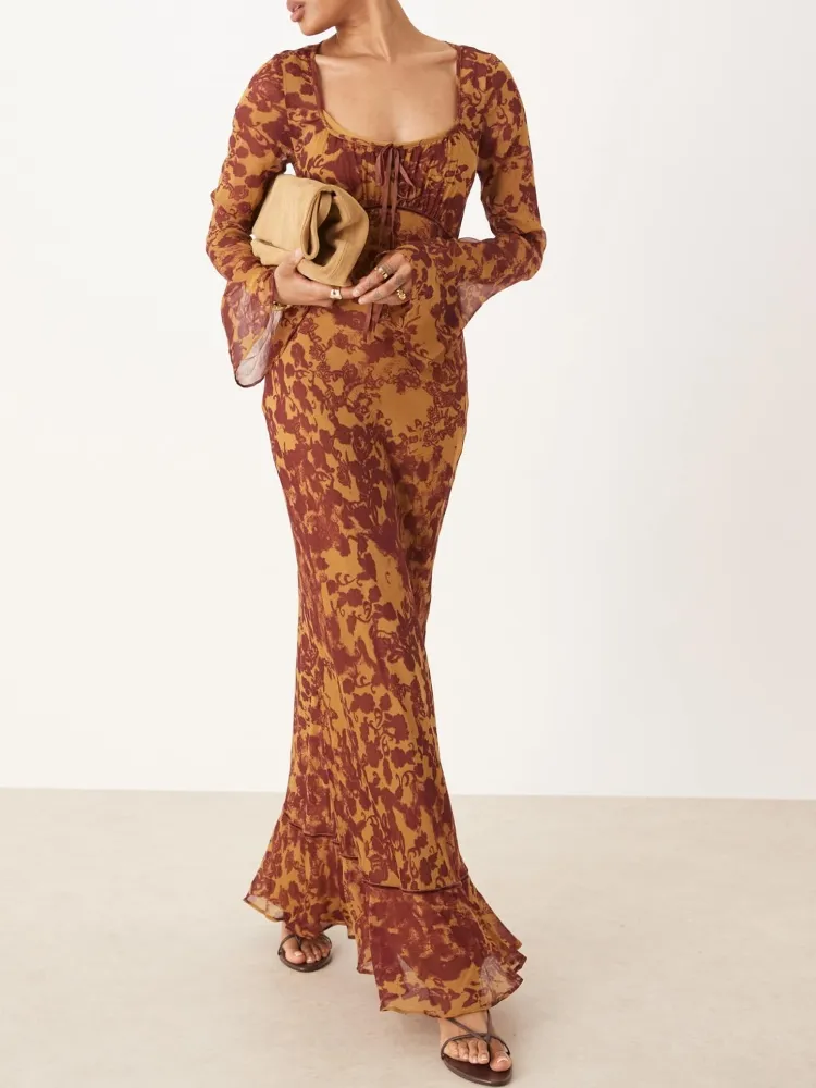 Abstract Floral Print Scoop Neck Dress