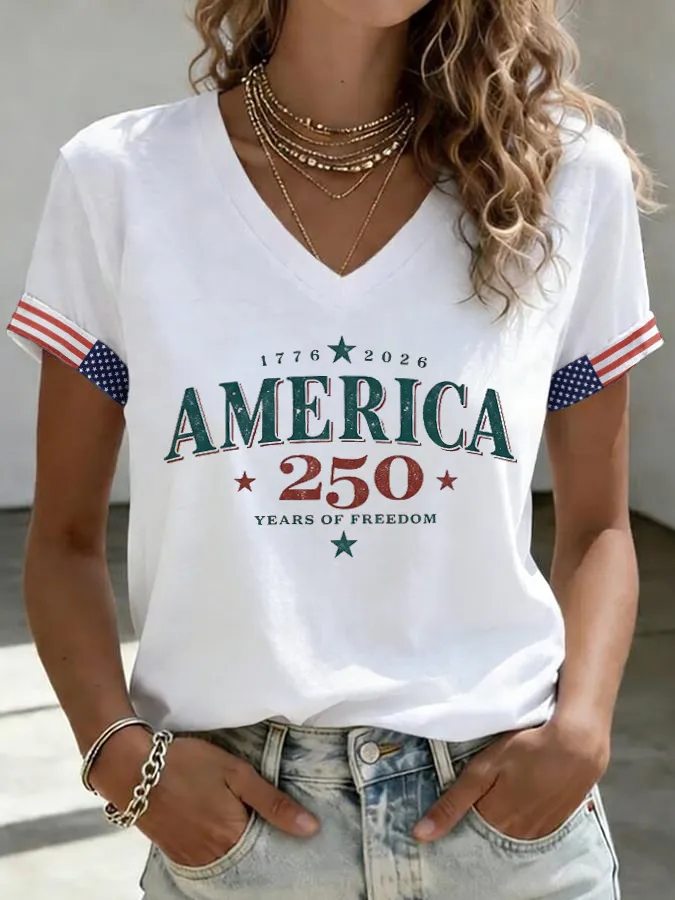 Women'S America Flag l Print Casual V-Neck T-Shirt