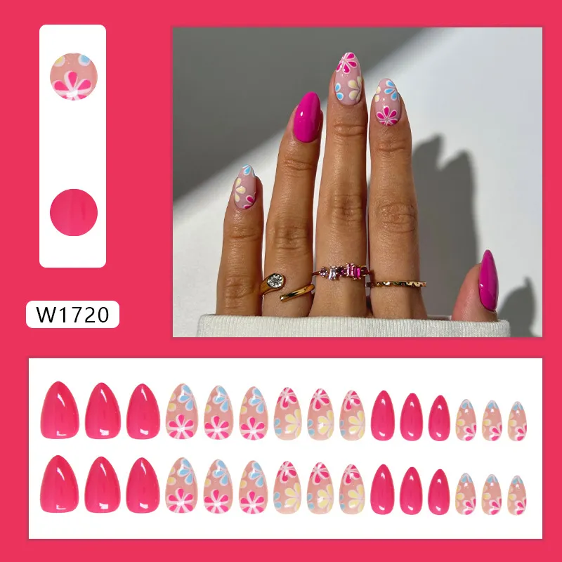 Nailhour Pink 30Pcs Floral Almond Summer Press On Nails