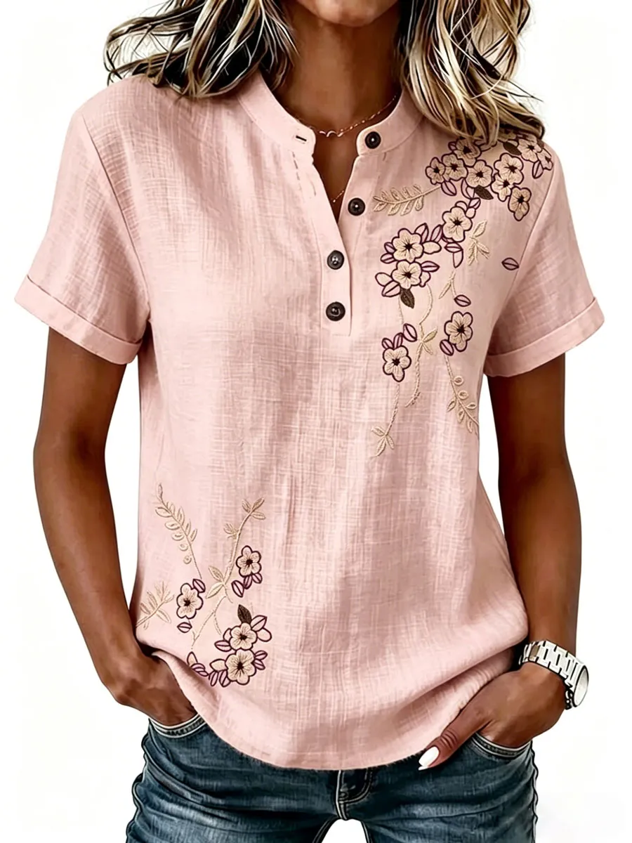 Women'S Short-Sleeved Cotton And Linen Casual Top