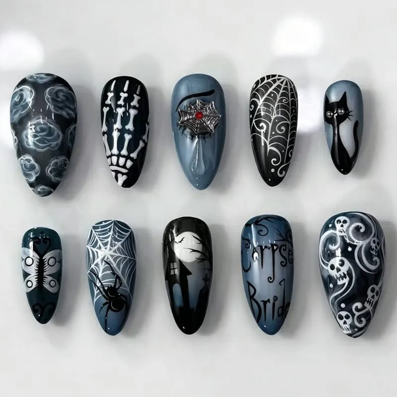 Nailhour 30Pcs Halloween Spider Web 3D Medium Almond French Press On Nails