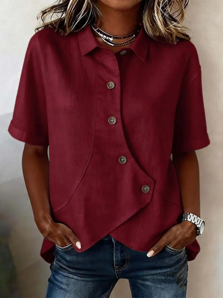 Women's Short-Sleeve Button-Down Cotton-Linen Shirt