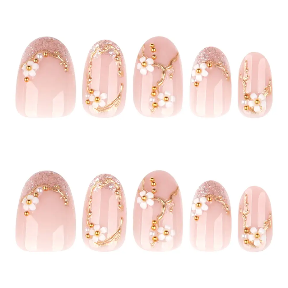 Nailhour 24Pcs Nude Floral Gradient Glitter Medium Almond Press On Nails