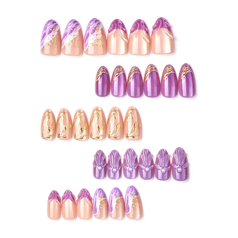 Nailhour 30Pcs Date Cat Eye Purple Pearl Almond Press On Nails